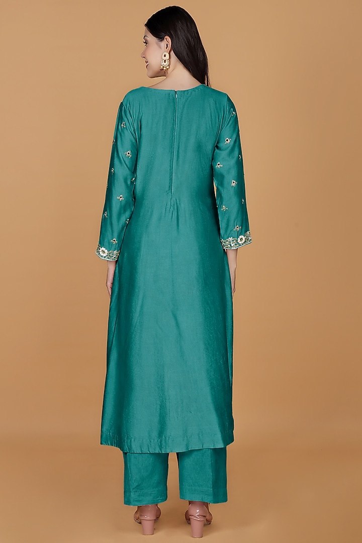 Teal Katan Silk Cutdana Embroidered Kurta Set by Milu Madan at Pernia's Pop Up Shop