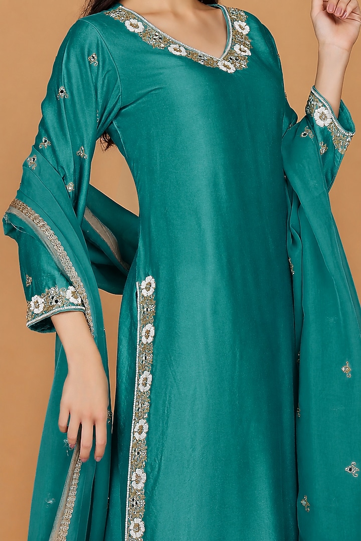 Teal Katan Silk Cutdana Embroidered Kurta Set by Milu Madan at Pernia's Pop Up Shop