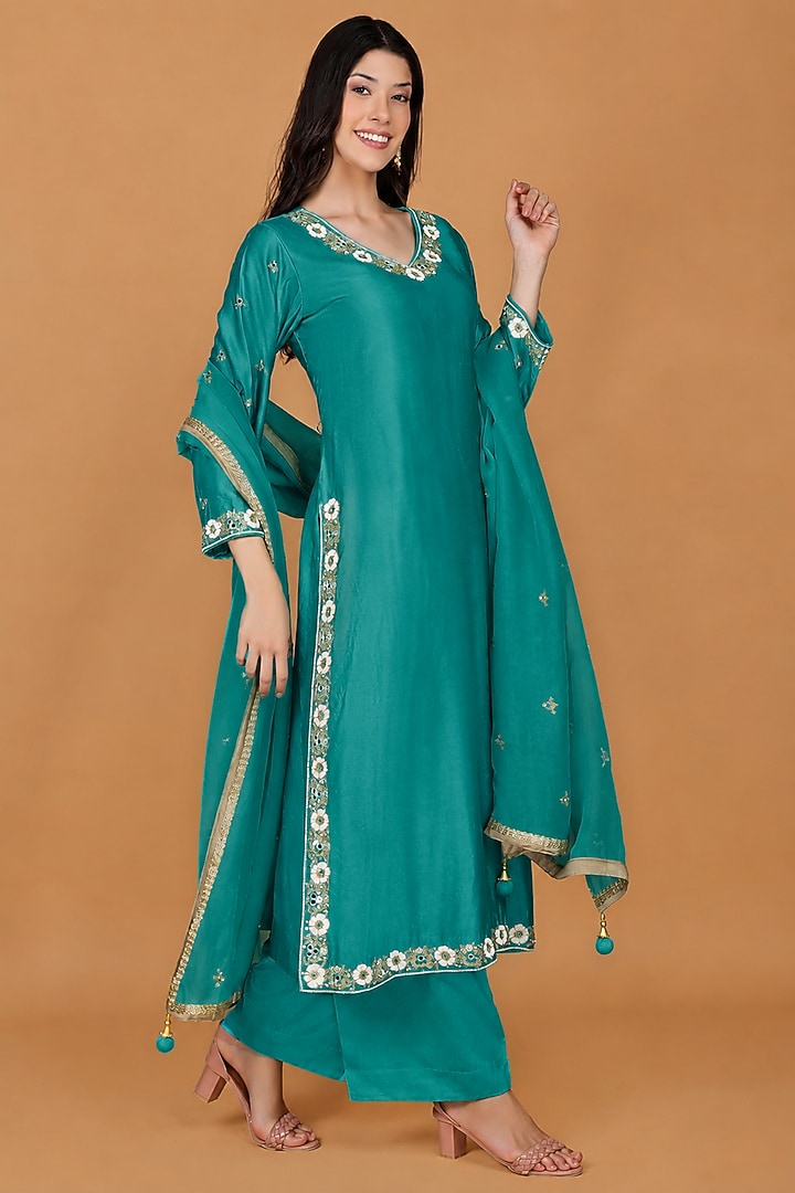 Teal Katan Silk Cutdana Embroidered Kurta Set by Milu Madan at Pernia's Pop Up Shop