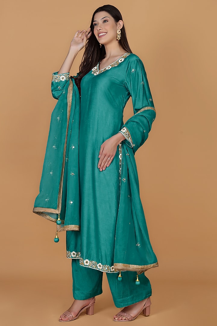 Teal Katan Silk Cutdana Embroidered Kurta Set by Milu Madan at Pernia's Pop Up Shop