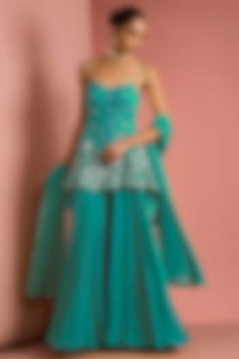 Sea Green Viscose Georgette Party Wear Sharara Set by Milu Madan at Pernia's Pop Up Shop