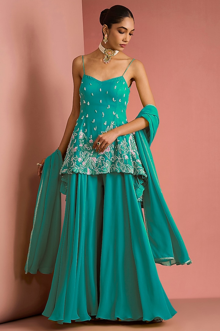 Sea Green Viscose Georgette Party Wear Sharara Set by Milu Madan at Pernia's Pop Up Shop