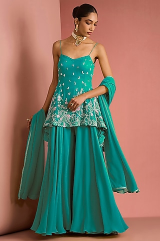 Sea Green Viscose Georgette Sharara Set by Milu Madan