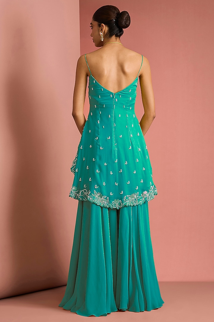 Sea Green Viscose Georgette Party Wear Sharara Set by Milu Madan at Pernia's Pop Up Shop