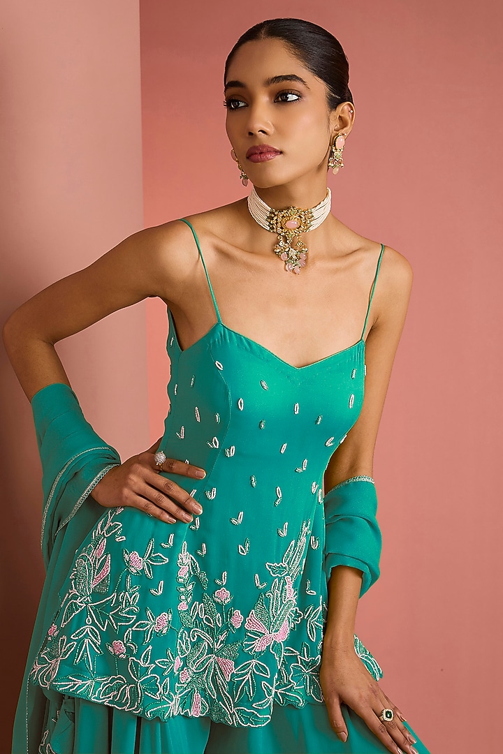 Sea Green Viscose Georgette Party Wear Sharara Set by Milu Madan at Pernia's Pop Up Shop