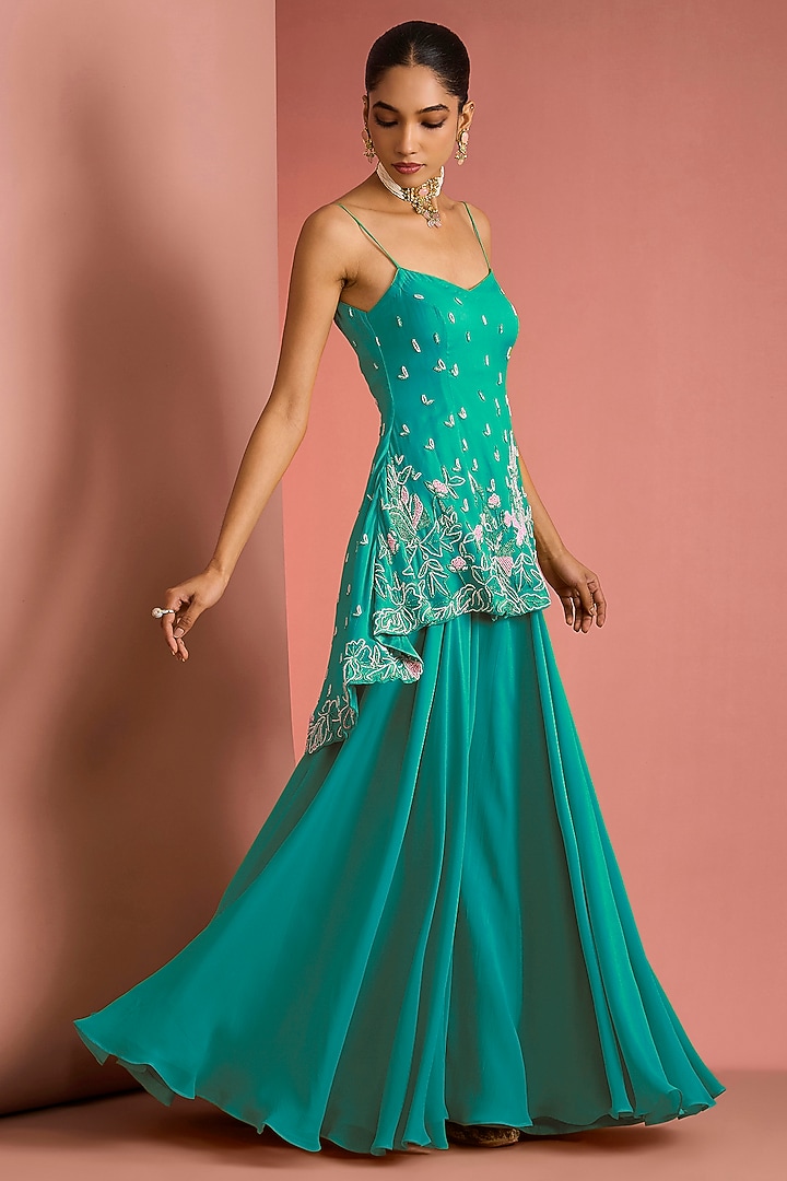 Sea Green Viscose Georgette Party Wear Sharara Set by Milu Madan at Pernia's Pop Up Shop
