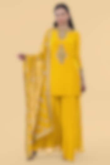 Yellow Crepe Cutdana Embroidered Kurta Set by Milu Madan at Pernia's Pop Up Shop