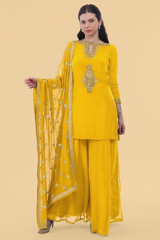 Yellow Crepe Cutdana Embroidered Kurta Set by Milu Madan