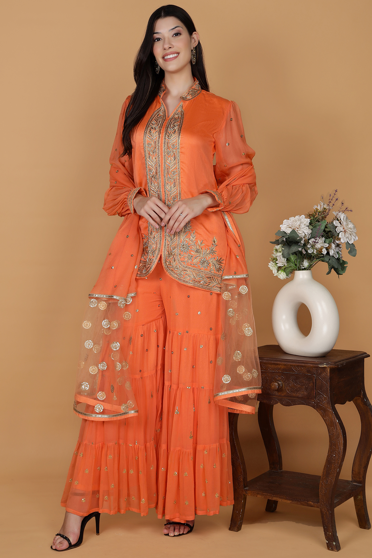Orange Georgette Party Wear Sharara Set by Milu Madan at Pernia's Pop Up Shop