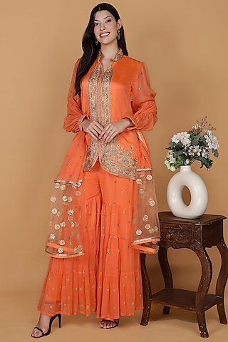 Orange Georgette Sharara Set by Milu Madan