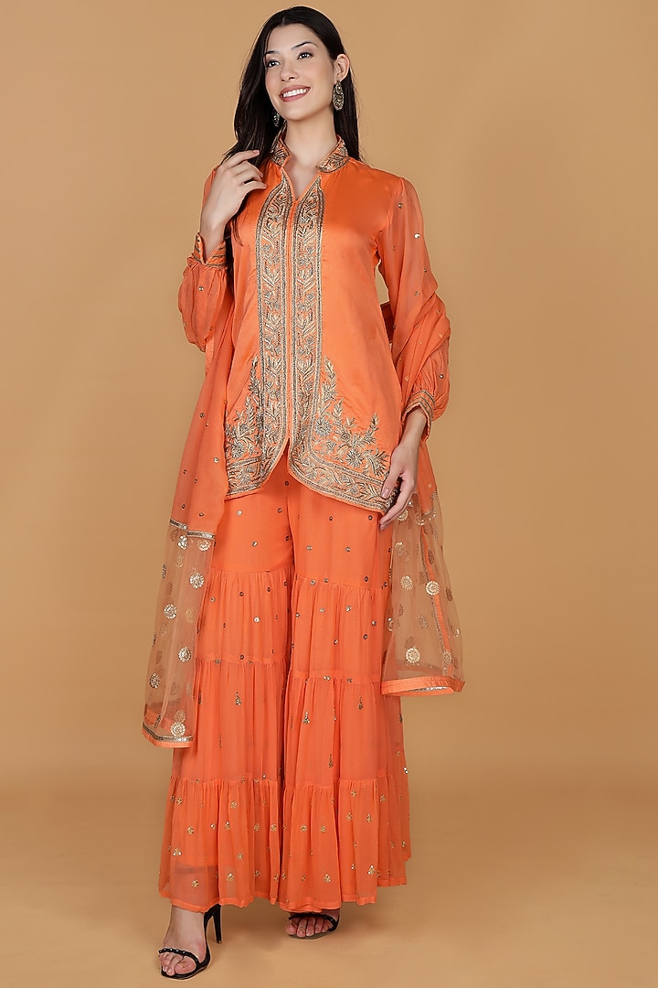 Orange Georgette Party Wear Sharara Set by Milu Madan at Pernia's Pop Up Shop