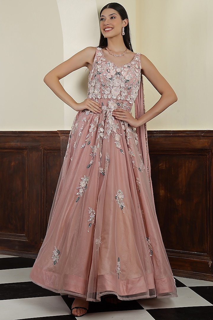 Nude Pink Net Sequins Embroidered Engagement Gown by Milu Madan at Pernia's Pop Up Shop