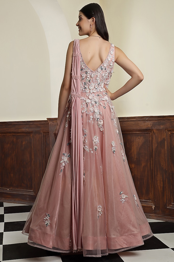 Nude Pink Net Sequins Embroidered Engagement Gown by Milu Madan at Pernia's Pop Up Shop