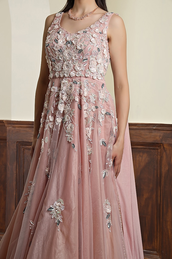 Nude Pink Net Sequins Embroidered Engagement Gown by Milu Madan at Pernia's Pop Up Shop