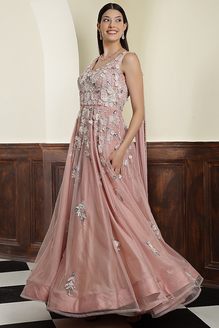 Nude Pink Net Sequins Embroidered Engagement Gown by Milu Madan at Pernia's Pop Up Shop