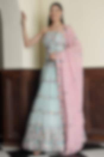 Light Sea Green Georgette Floral Embroidered Wedding Lehenga Set by Milu Madan at Pernia's Pop Up Shop