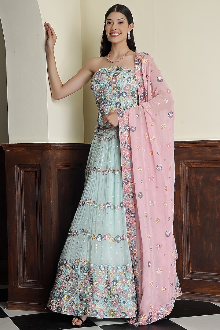 Light Sea Green Georgette Floral Embroidered Wedding Lehenga Set by Milu Madan at Pernia's Pop Up Shop