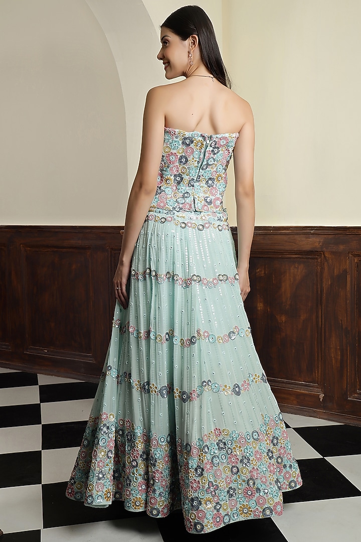 Light Sea Green Georgette Floral Embroidered Wedding Lehenga Set by Milu Madan at Pernia's Pop Up Shop