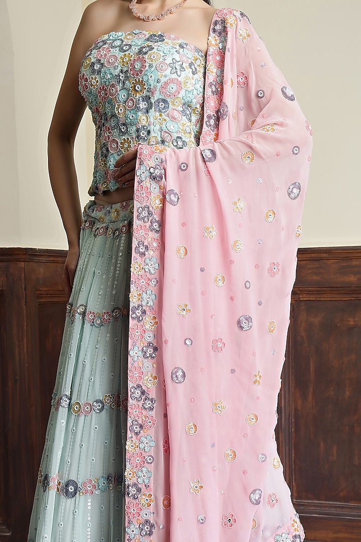 Light Sea Green Georgette Floral Embroidered Wedding Lehenga Set by Milu Madan at Pernia's Pop Up Shop