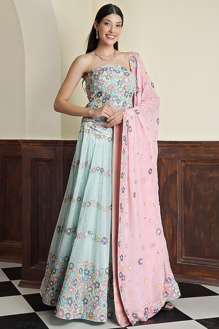 Light Sea Green Georgette Floral Embroidered Wedding Lehenga Set by Milu Madan at Pernia's Pop Up Shop
