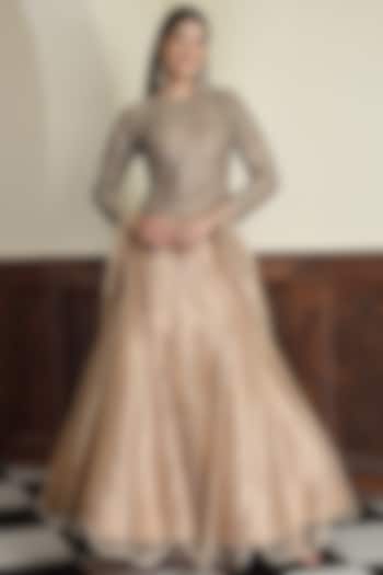 Champagne Gold Tissue Pearl Work Wedding Lehenga Set by Milu Madan at Pernia's Pop Up Shop