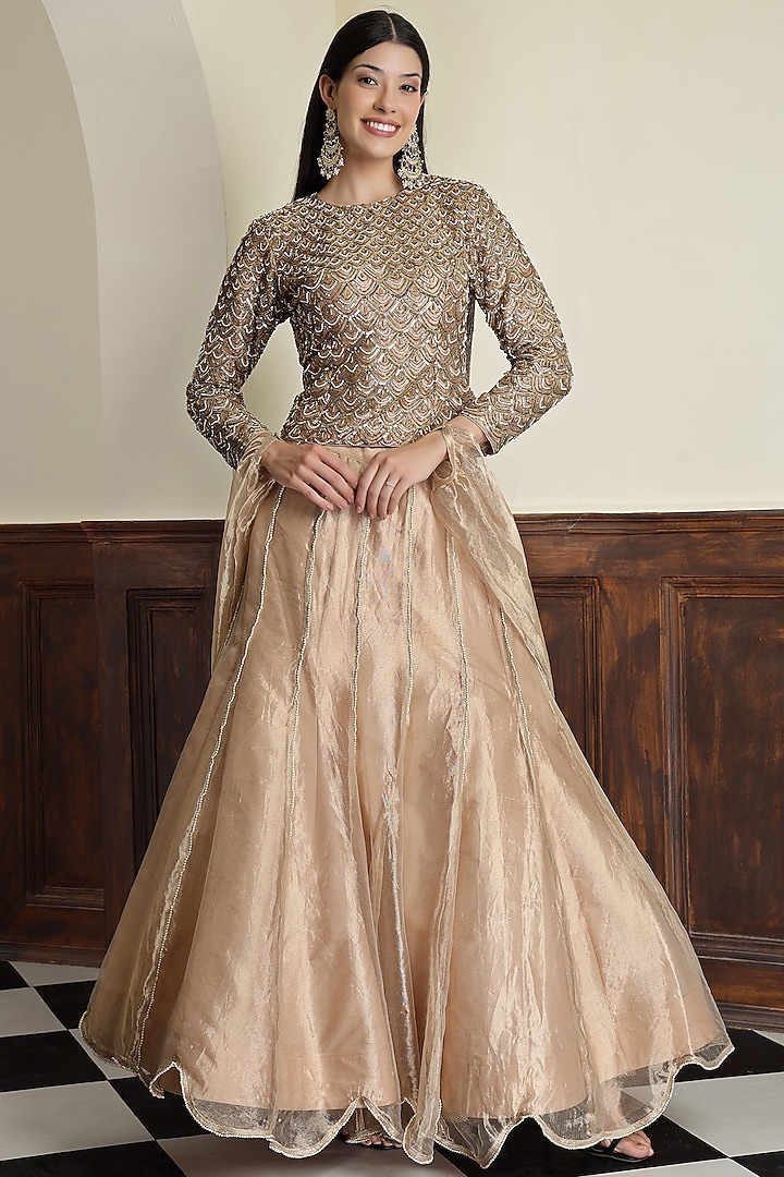 Champagne Gold Tissue Pearl Work Wedding Lehenga Set by Milu Madan at Pernia's Pop Up Shop