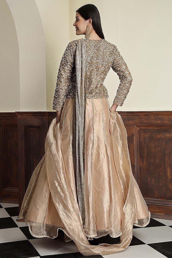 Champagne Gold Tissue Pearl Work Wedding Lehenga Set by Milu Madan at Pernia's Pop Up Shop