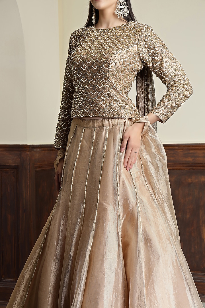 Champagne Gold Tissue Pearl Work Wedding Lehenga Set by Milu Madan at Pernia's Pop Up Shop