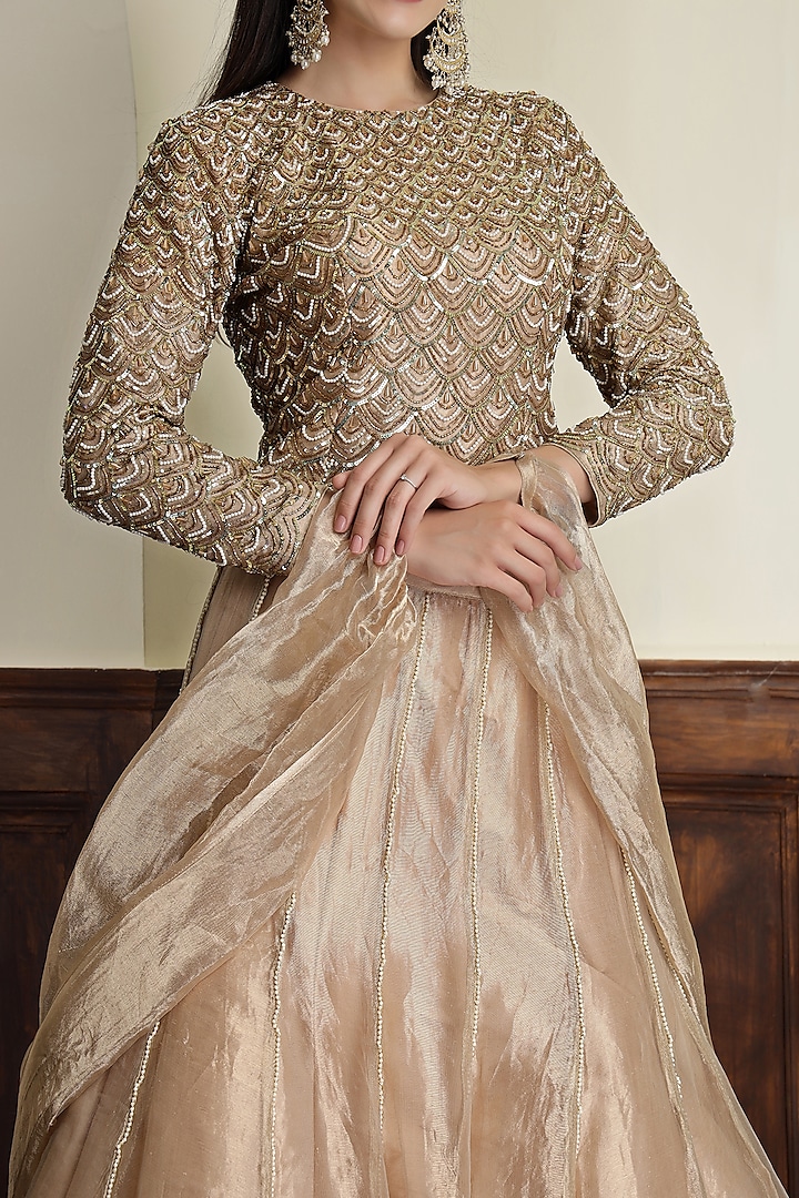Champagne Gold Tissue Pearl Work Wedding Lehenga Set by Milu Madan at Pernia's Pop Up Shop
