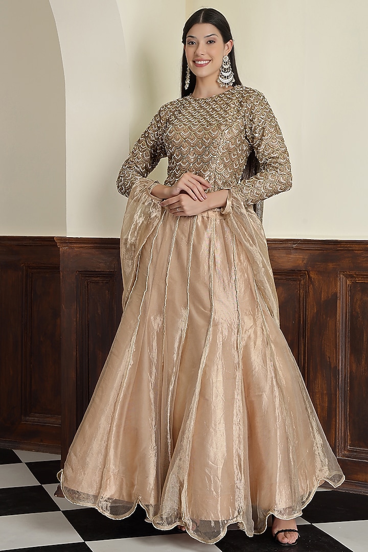 Champagne Gold Tissue Pearl Work Wedding Lehenga Set by Milu Madan at Pernia's Pop Up Shop