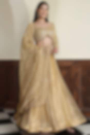 Gold Tissue Sequins & Cutdana Work Wedding Lehenga Set by Milu Madan at Pernia's Pop Up Shop