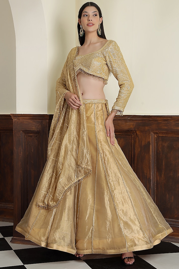 Gold Tissue Sequins & Cutdana Work Wedding Lehenga Set by Milu Madan at Pernia's Pop Up Shop
