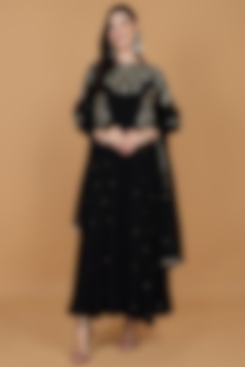 Black Georgette Embroidered Party Wear Anarkali Set by Milu Madan at Pernia's Pop Up Shop