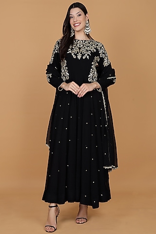 Black Georgette Embroidered Anarkali Set by Milu Madan