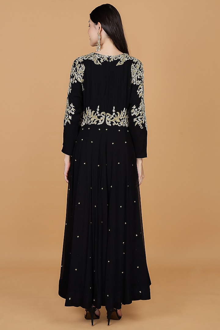 Black Georgette Embroidered Wedding Anarkali Set by Milu Madan at Pernia's Pop Up Shop