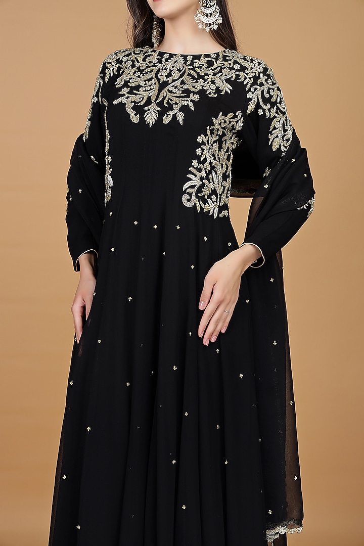 Black Georgette Embroidered Wedding Anarkali Set by Milu Madan at Pernia's Pop Up Shop
