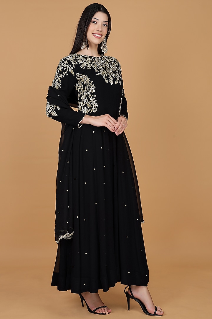 Black Georgette Embroidered Wedding Anarkali Set by Milu Madan at Pernia's Pop Up Shop