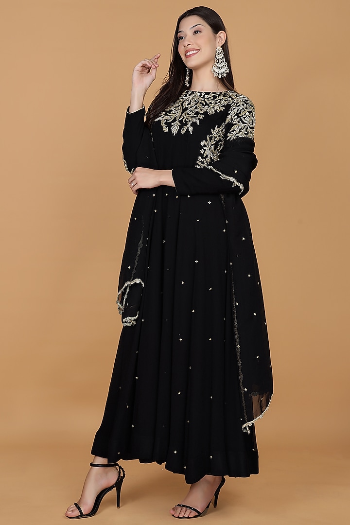 Black Georgette Embroidered Wedding Anarkali Set by Milu Madan at Pernia's Pop Up Shop