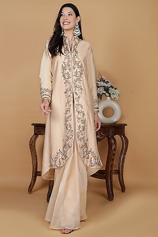 Light Peach Raw Silk Crystal Work Jacket Set by Milu Madan