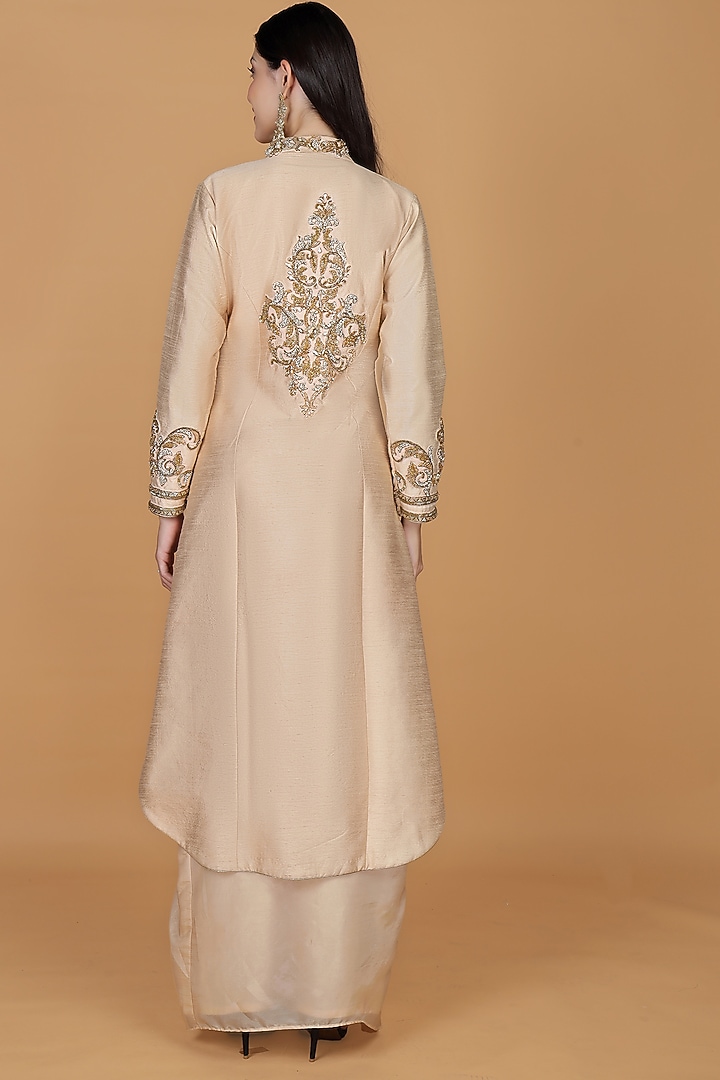 Light Peach Raw Silk Crystal Work Jacket Set by Milu Madan at Pernia's Pop Up Shop