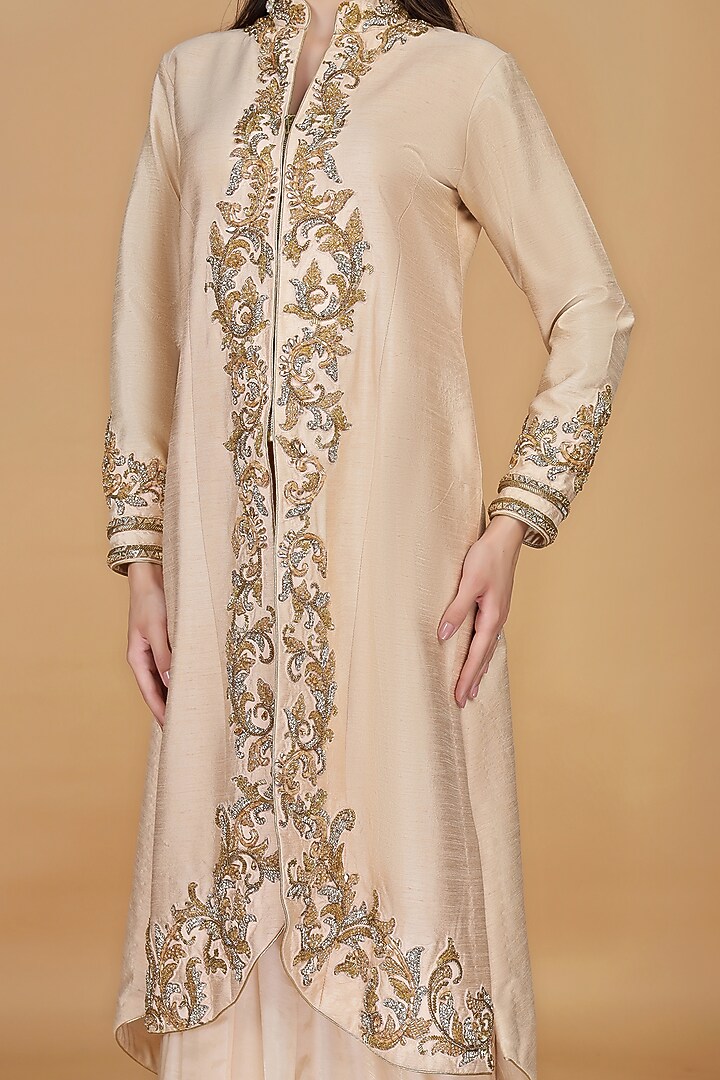 Light Peach Raw Silk Crystal Work Jacket Set by Milu Madan at Pernia's Pop Up Shop
