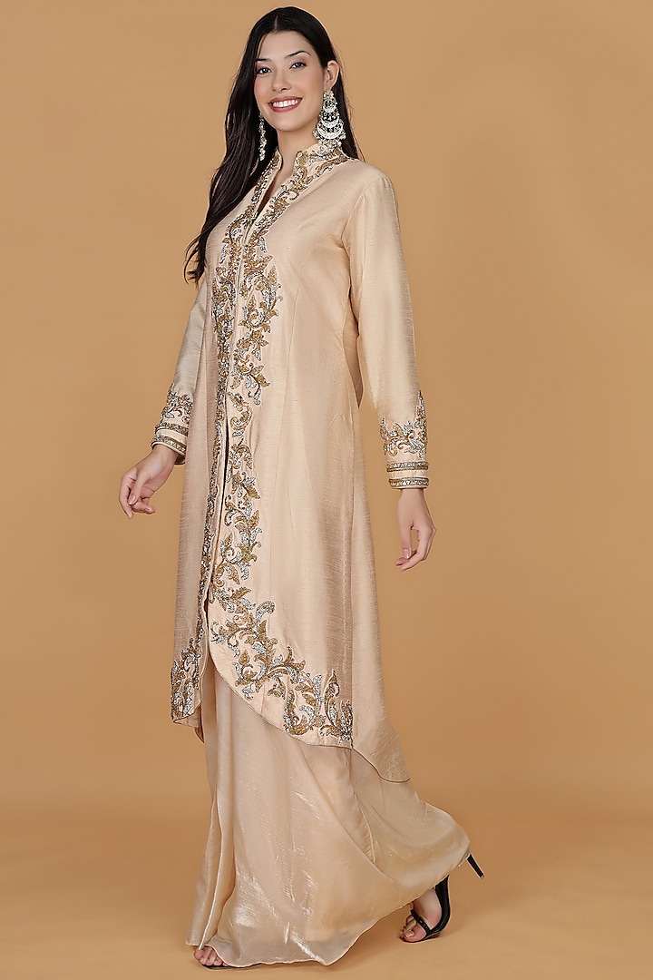 Light Peach Raw Silk Crystal Work Jacket Set by Milu Madan at Pernia's Pop Up Shop