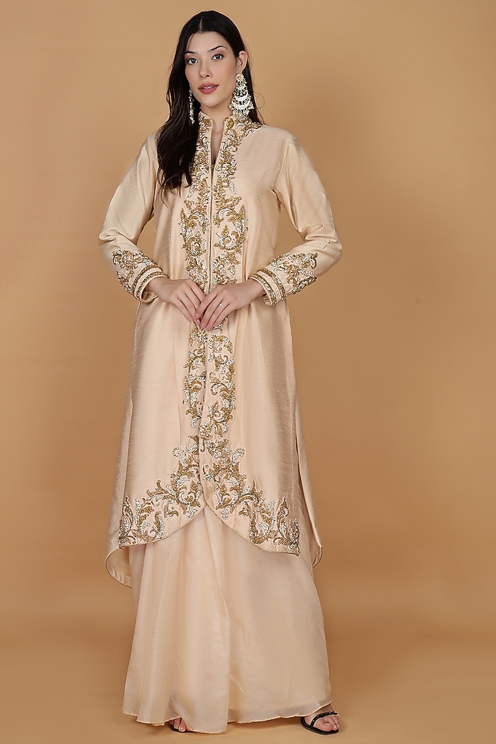 Light Peach Raw Silk Crystal Work Jacket Set by Milu Madan at Pernia's Pop Up Shop