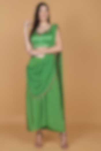 Leaf Green Crepe Draped Skirt Set by Milu Madan at Pernia's Pop Up Shop