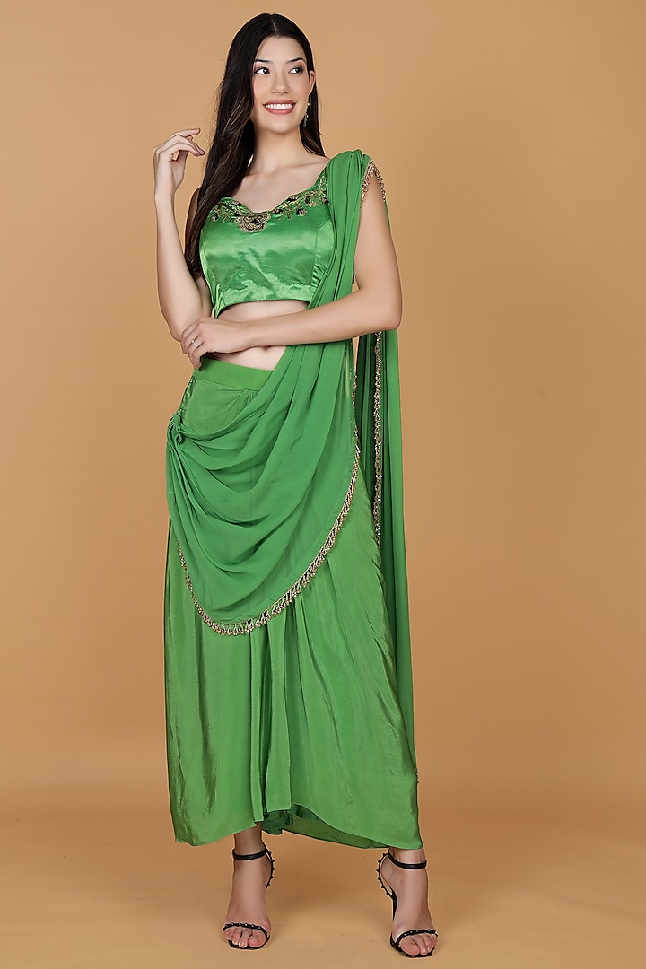 Leaf Green Crepe Draped Skirt Set by Milu Madan at Pernia's Pop Up Shop