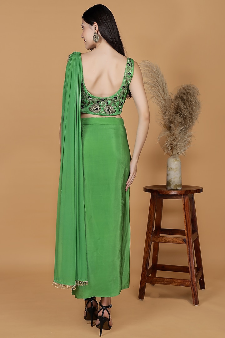 Leaf Green Crepe Draped Skirt Set by Milu Madan at Pernia's Pop Up Shop