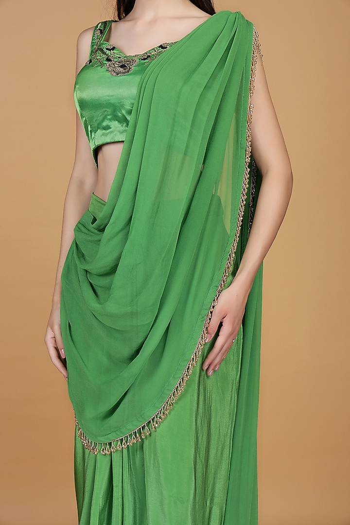 Leaf Green Crepe Draped Skirt Set by Milu Madan at Pernia's Pop Up Shop