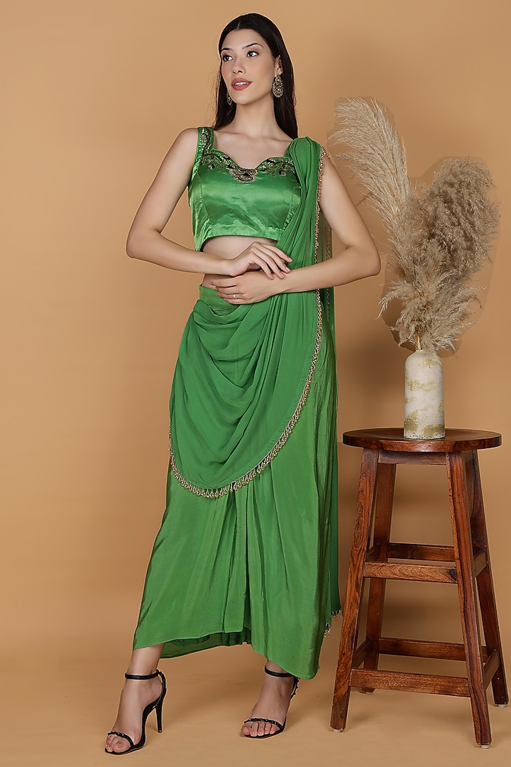 Leaf Green Crepe Draped Skirt Set by Milu Madan at Pernia's Pop Up Shop