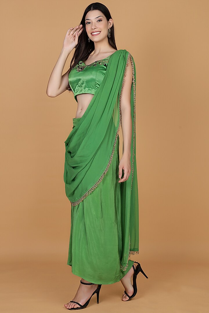 Leaf Green Crepe Draped Skirt Set by Milu Madan at Pernia's Pop Up Shop