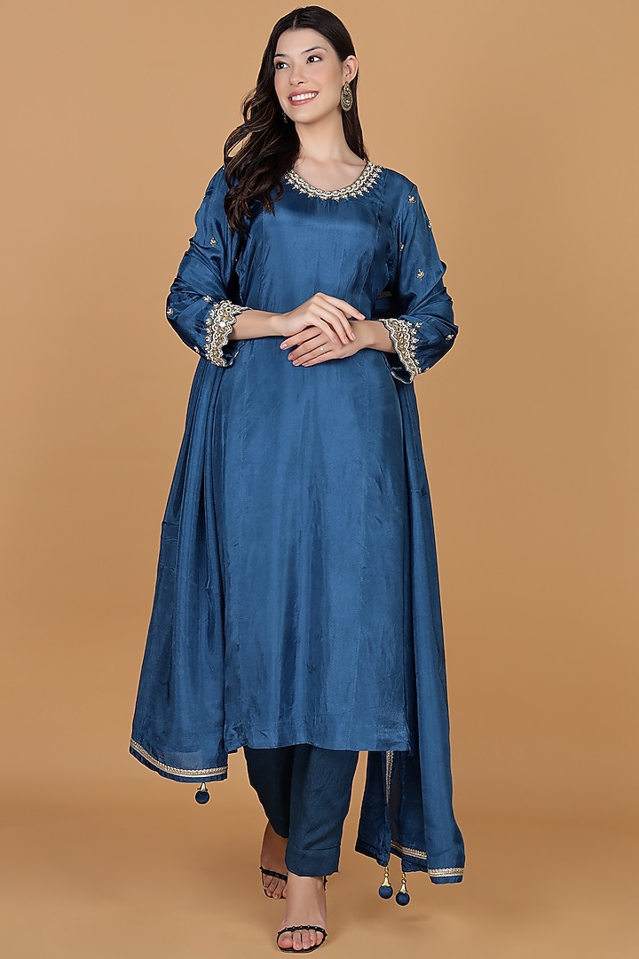 Persian Blue Opara Silk Cutdana Embroidered Kurta Set by Milu Madan at Pernia's Pop Up Shop